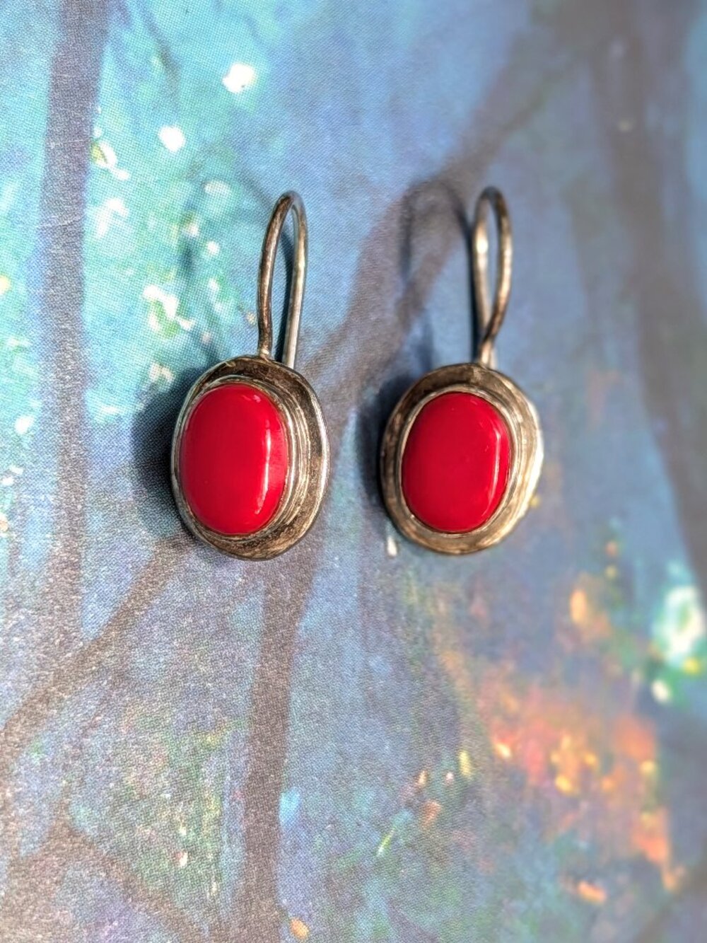 Vintage Sterling Silver & Red Jasper Circle Drop Earrings, Artisan Southwestern